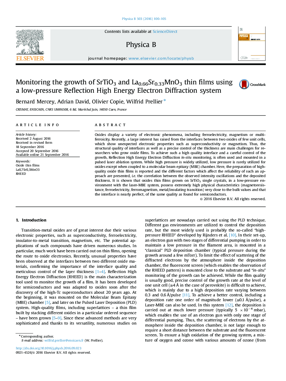 Monitoring the growth of SrTiO3 and La0.66Sr0.33MnO3 thin films using a low-pressure Reflection High Energy Electron Diffraction system