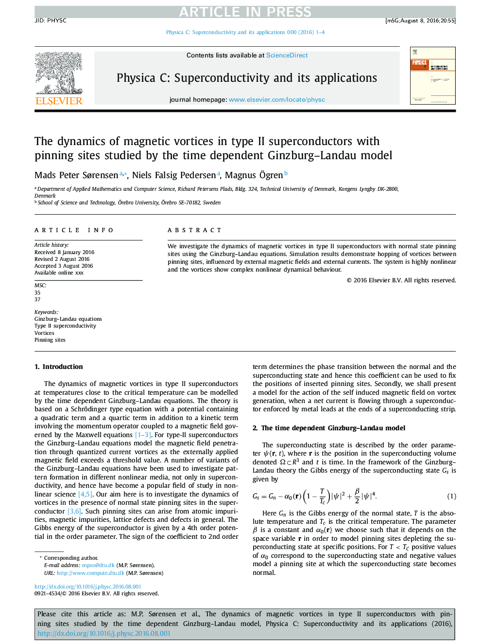 The dynamics of magnetic vortices in type II superconductors with pinning sites studied by the time dependent Ginzburg-Landau model