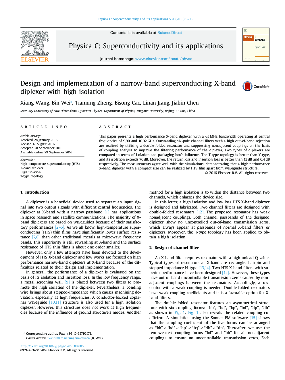 Design and implementation of a narrow-band superconducting X-band diplexer with high isolation