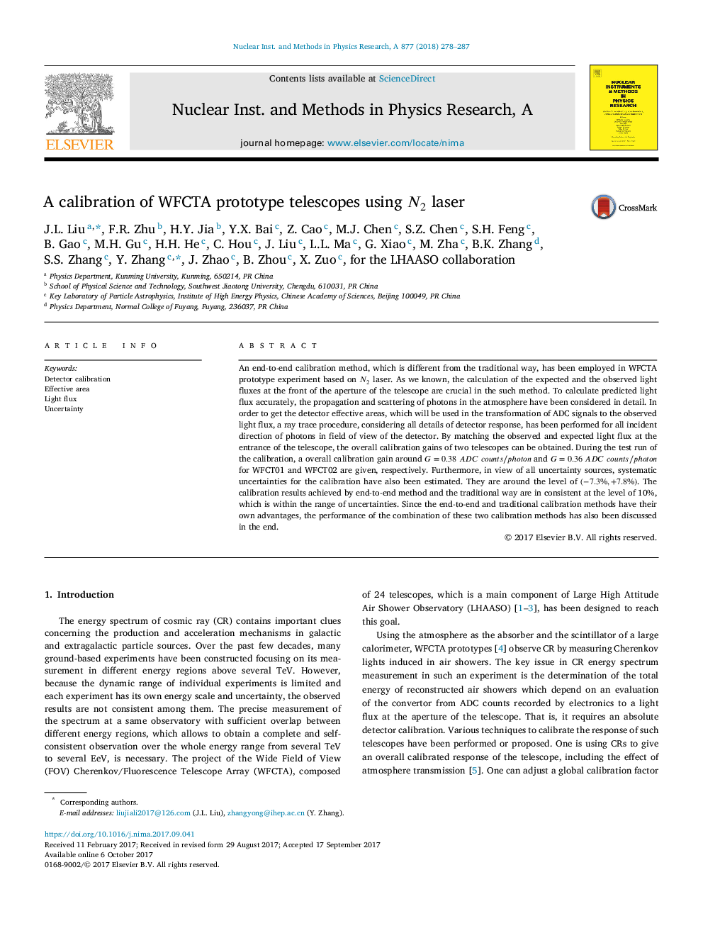 A calibration of WFCTA prototype telescopes using N2 laser