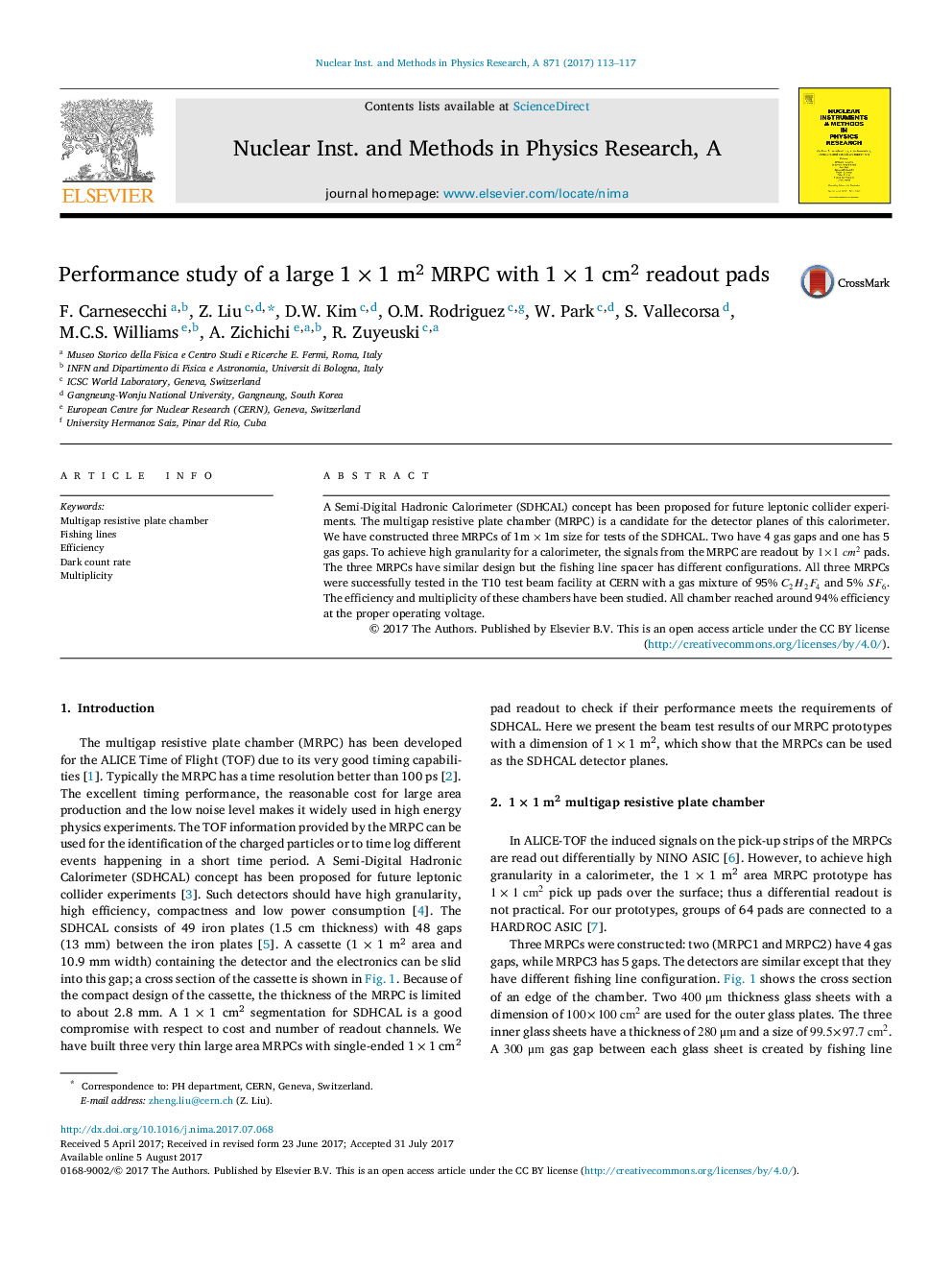 عکس صفحه اول مقاله: Performance study of a large 1Â ÃÂ 1Â m2 MRPC with 1Â ÃÂ 1Â cm2 readout pads Performance study of a large 1Â ÃÂ 1Â m2 MRPC with 1Â ÃÂ 1Â cm2 readout pads