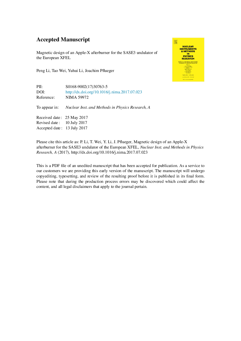 عکس صفحه اول مقاله: Magnetic design of an Apple-X afterburner for the SASE3 undulator of the European XFEL Magnetic design of an Apple-X afterburner for the SASE3 undulator of the European XFEL
