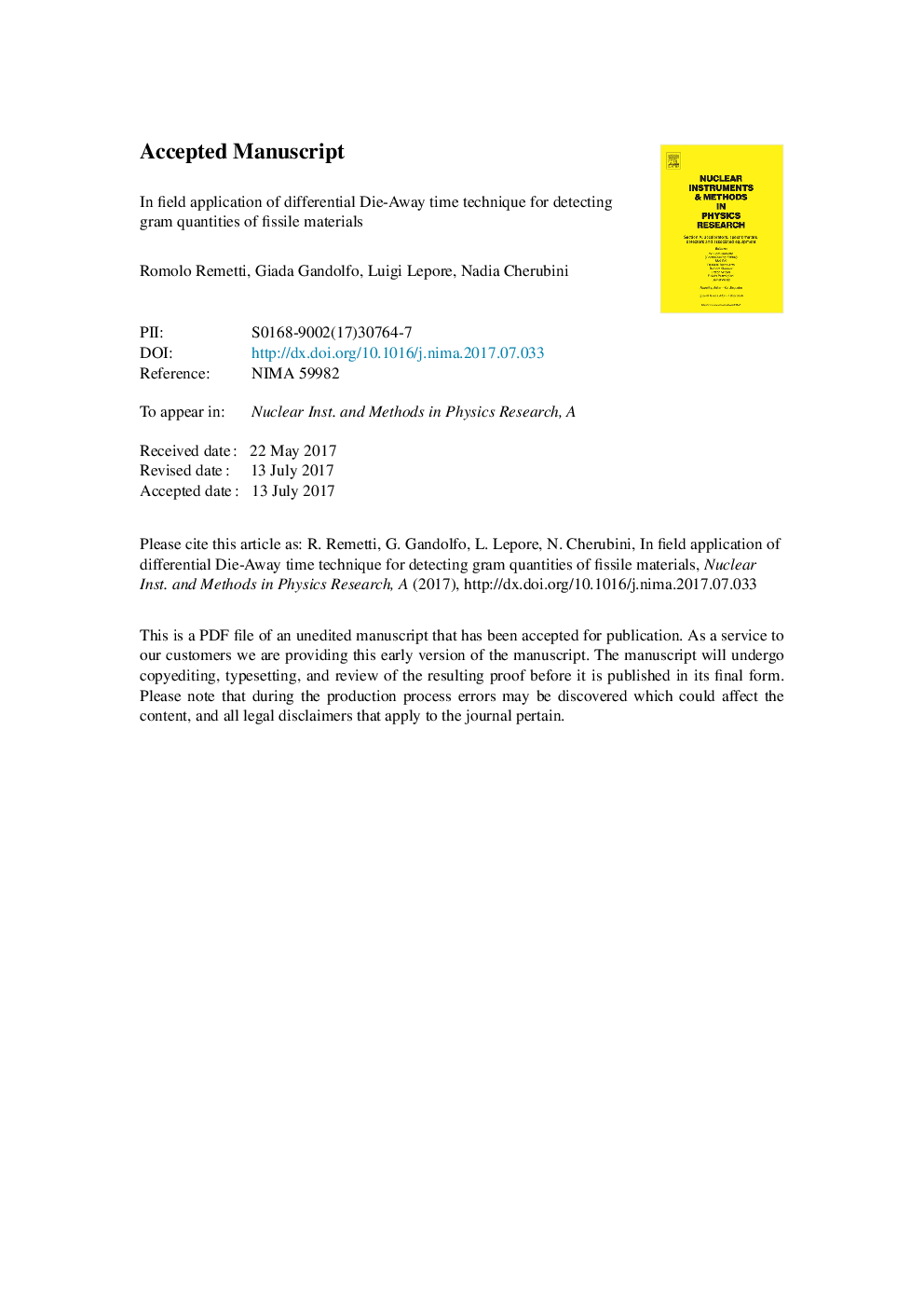 In field application of differential Die-Away time technique for detecting gram quantities of fissile materials