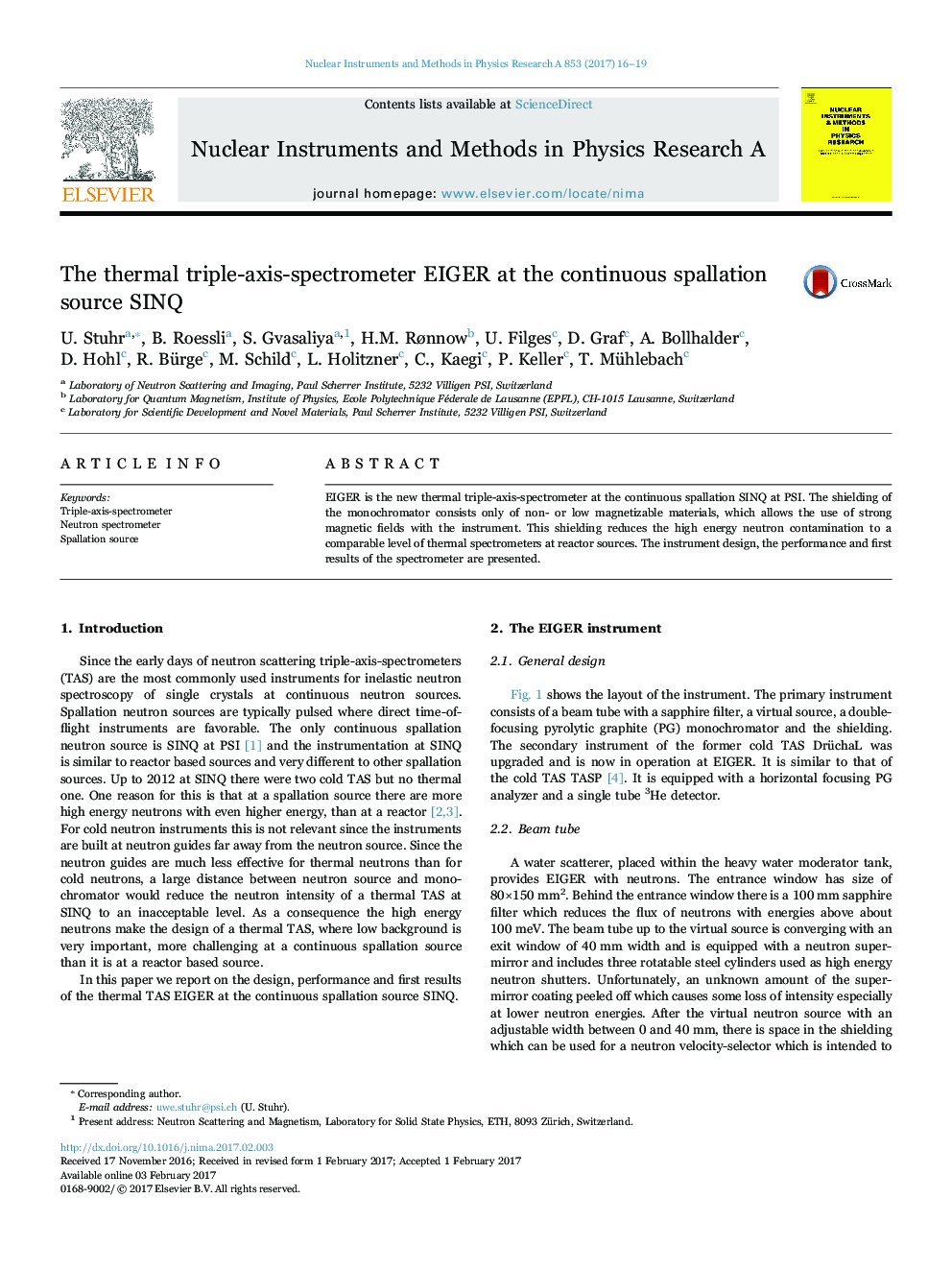 The thermal triple-axis-spectrometer EIGER at the continuous spallation source SINQ