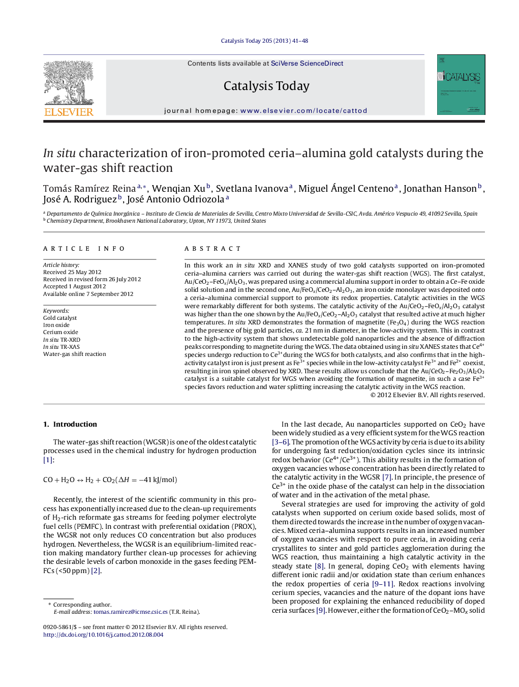 In situ characterization of iron-promoted ceria–alumina gold catalysts during the water-gas shift reaction