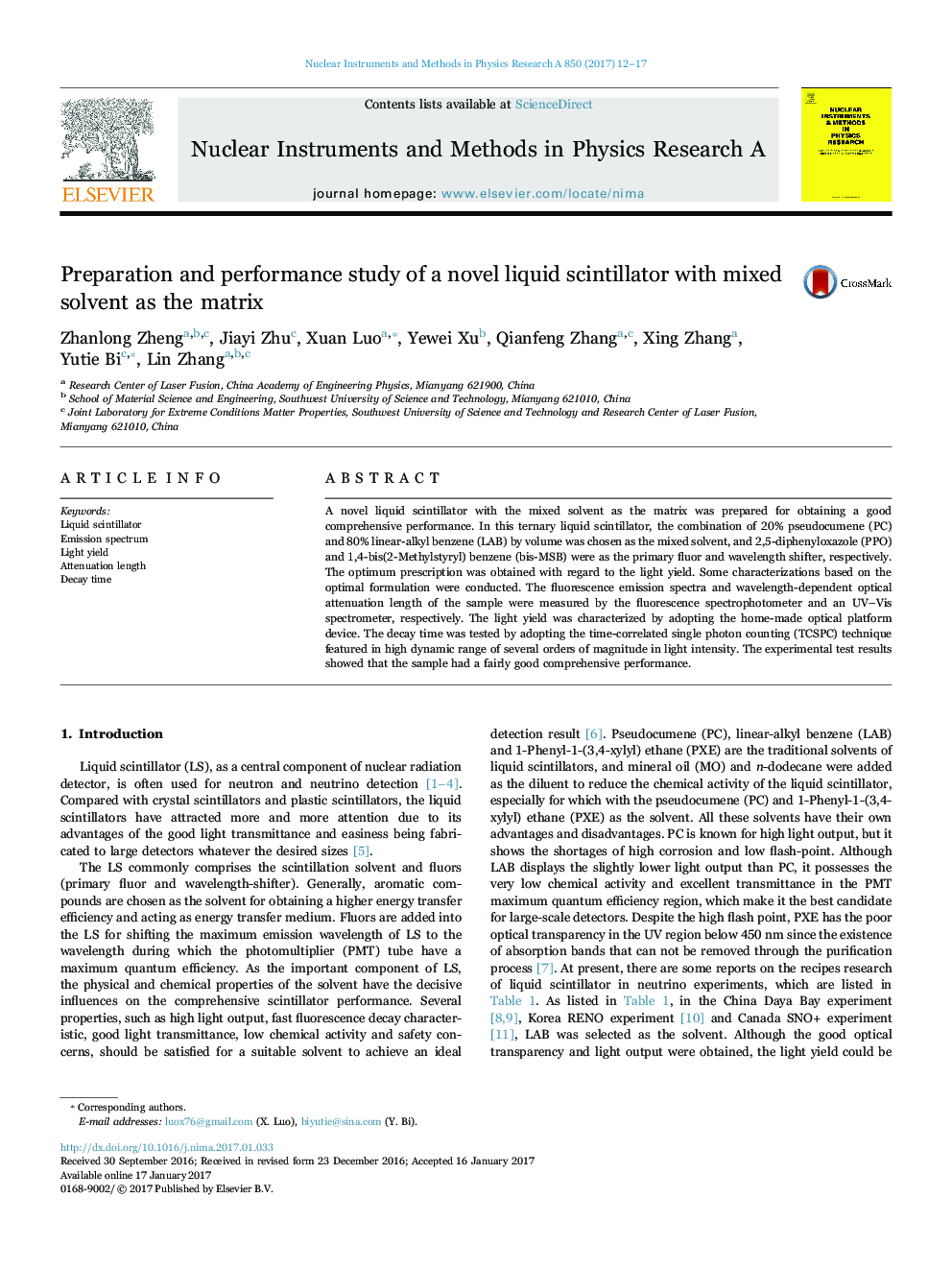 Preparation and performance study of a novel liquid scintillator with mixed solvent as the matrix