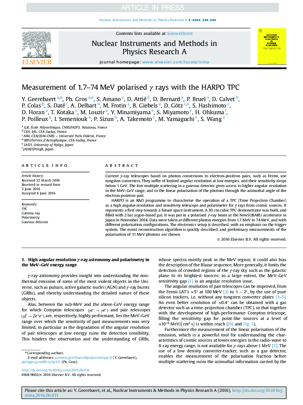 Measurement of 1.7-74Â MeV polarised Î³ rays with the HARPO TPC