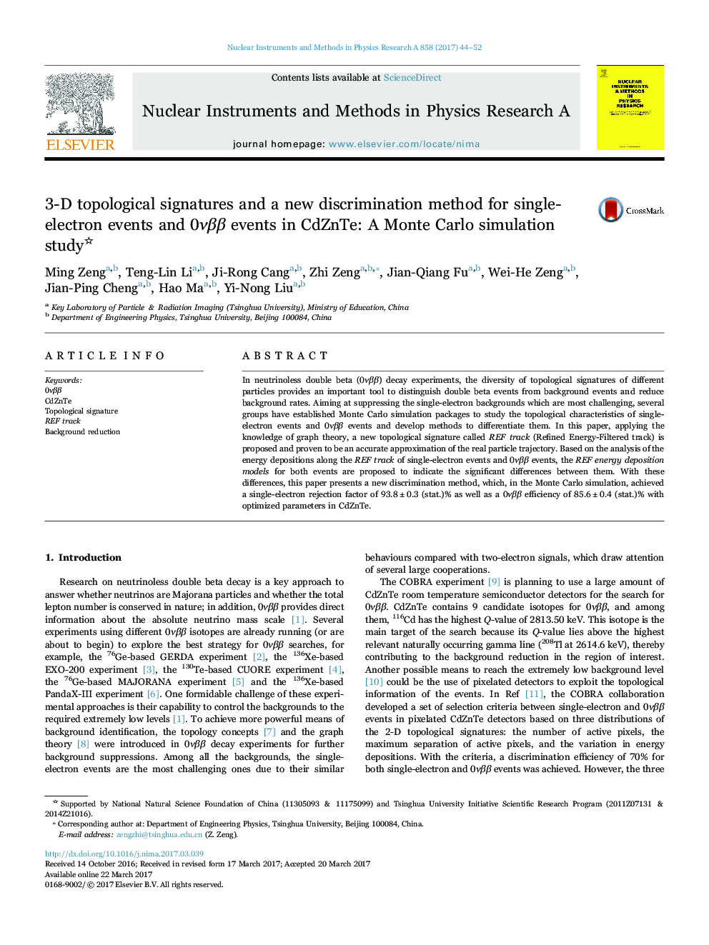 3-D topological signatures and a new discrimination method for single-electron events and 0Î½Î²Î² events in CdZnTe: A Monte Carlo simulation study