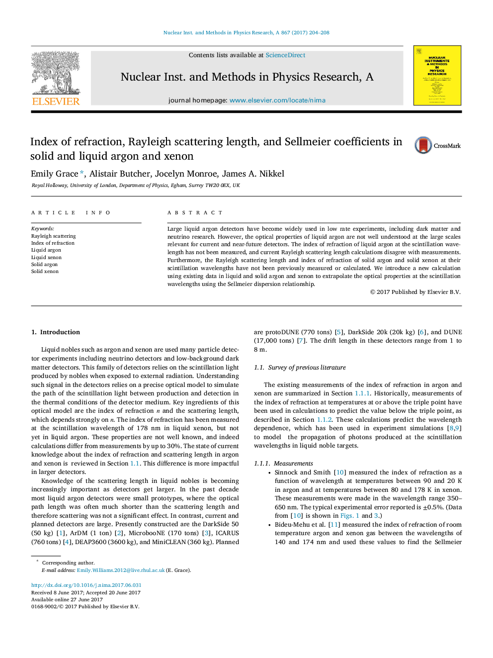 Index of refraction, Rayleigh scattering length, and Sellmeier coefficients in solid and liquid argon and xenon