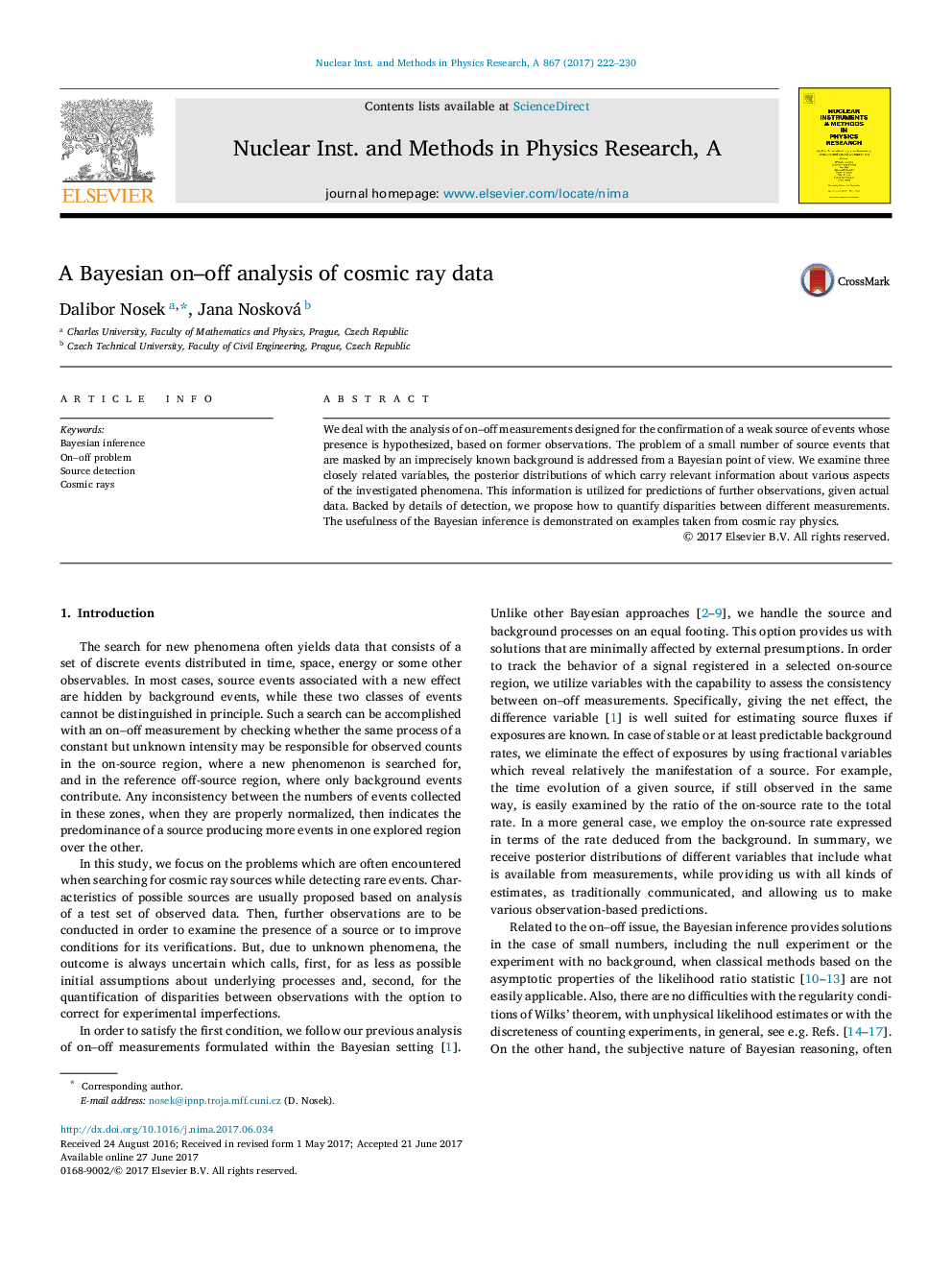 A Bayesian on-off analysis of cosmic ray data