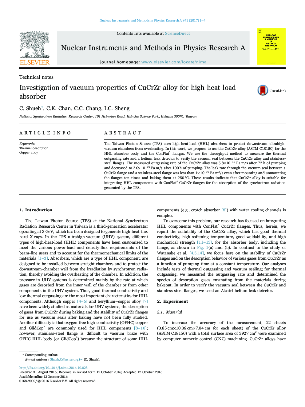 Investigation of vacuum properties of CuCrZr alloy for high-heat-load absorber