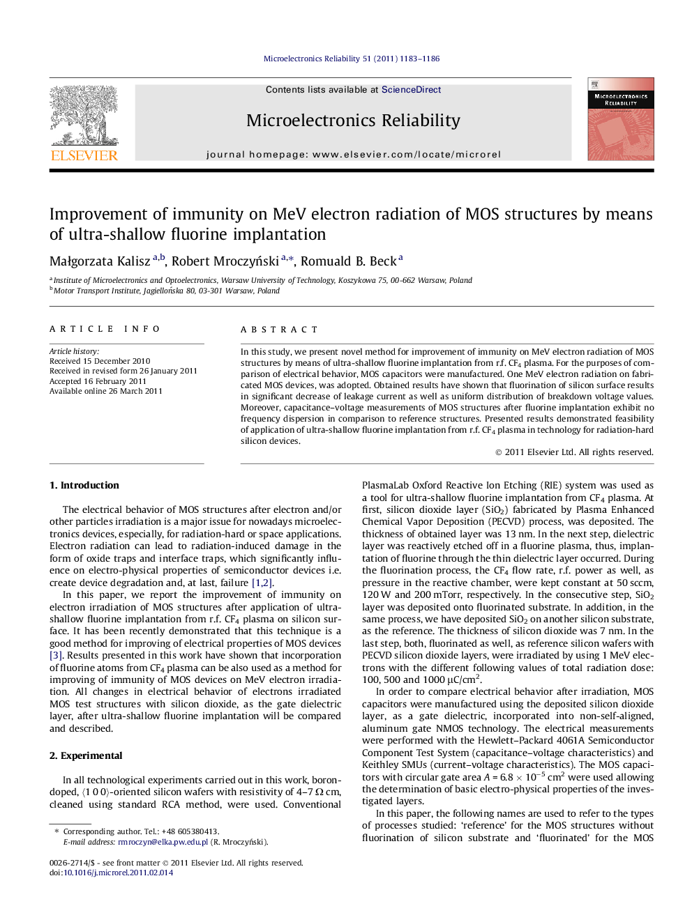 عکس صفحه اول مقاله: Improvement of immunity on MeV electron radiation of MOS structures by means of ultra-shallow fluorine implantation Improvement of immunity on MeV electron radiation of MOS structures by means of ultra-shallow fluorine implantation