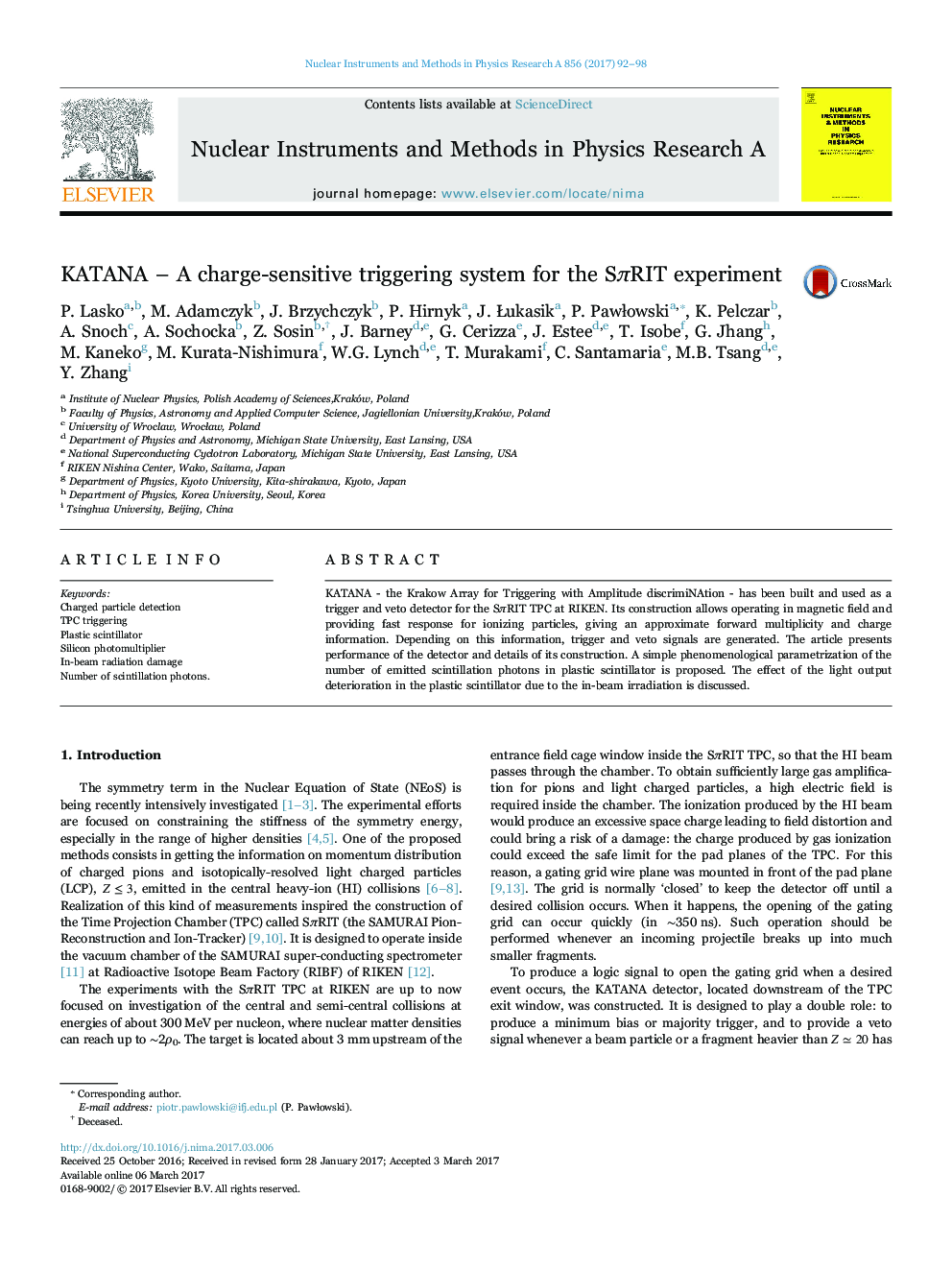 KATANA - A charge-sensitive triggering system for the SÏRIT experiment