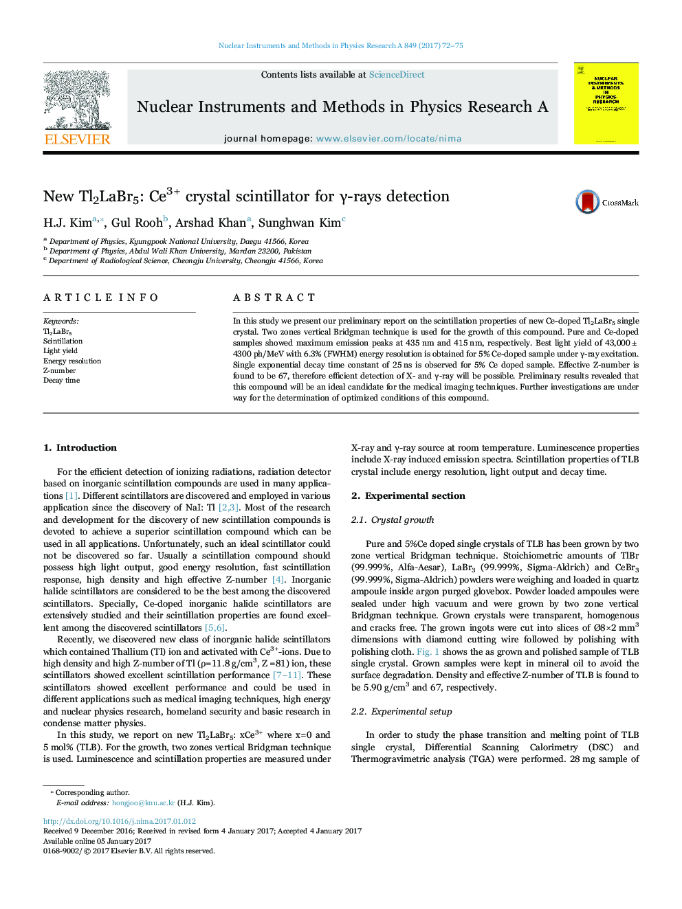 New Tl2LaBr5: Ce3+ crystal scintillator for Î³-rays detection