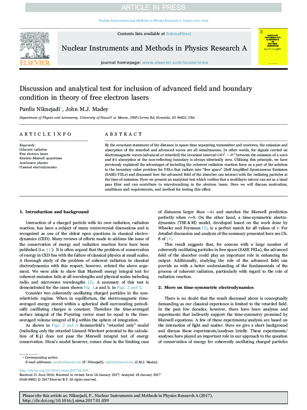 Discussion and analytical test for inclusion of advanced field and boundary condition in theory of free electron lasers