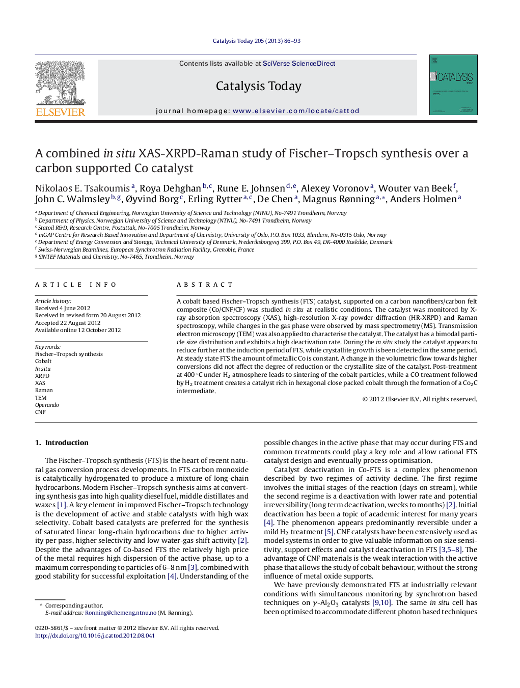 A combined in situ XAS-XRPD-Raman study of Fischer–Tropsch synthesis over a carbon supported Co catalyst