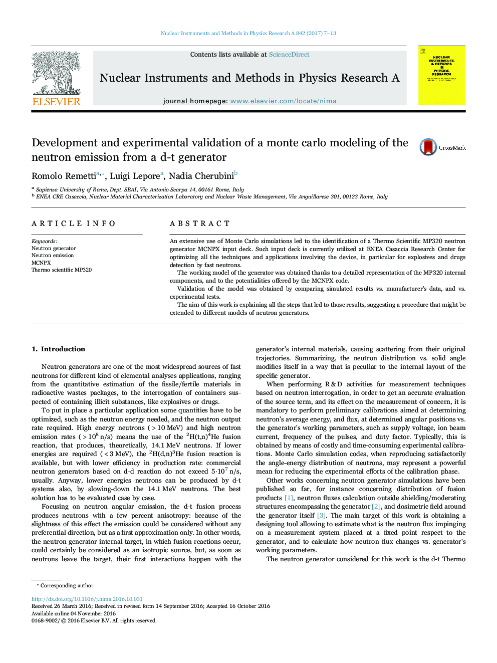 Development and experimental validation of a monte carlo modeling of the neutron emission from a d-t generator