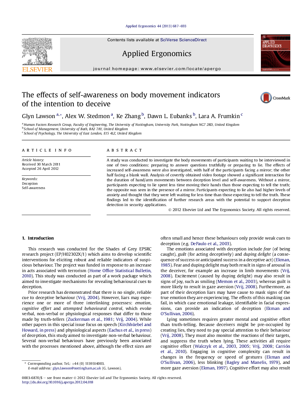 عکس صفحه اول مقاله: The effects of self-awareness on body movement indicators of the intention to deceive The effects of self-awareness on body movement indicators of the intention to deceive