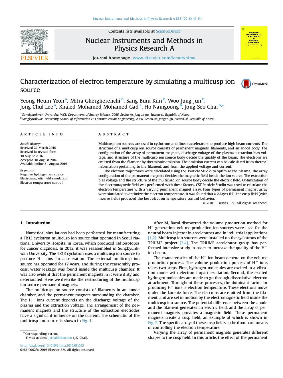 Characterization of electron temperature by simulating a multicusp ion source