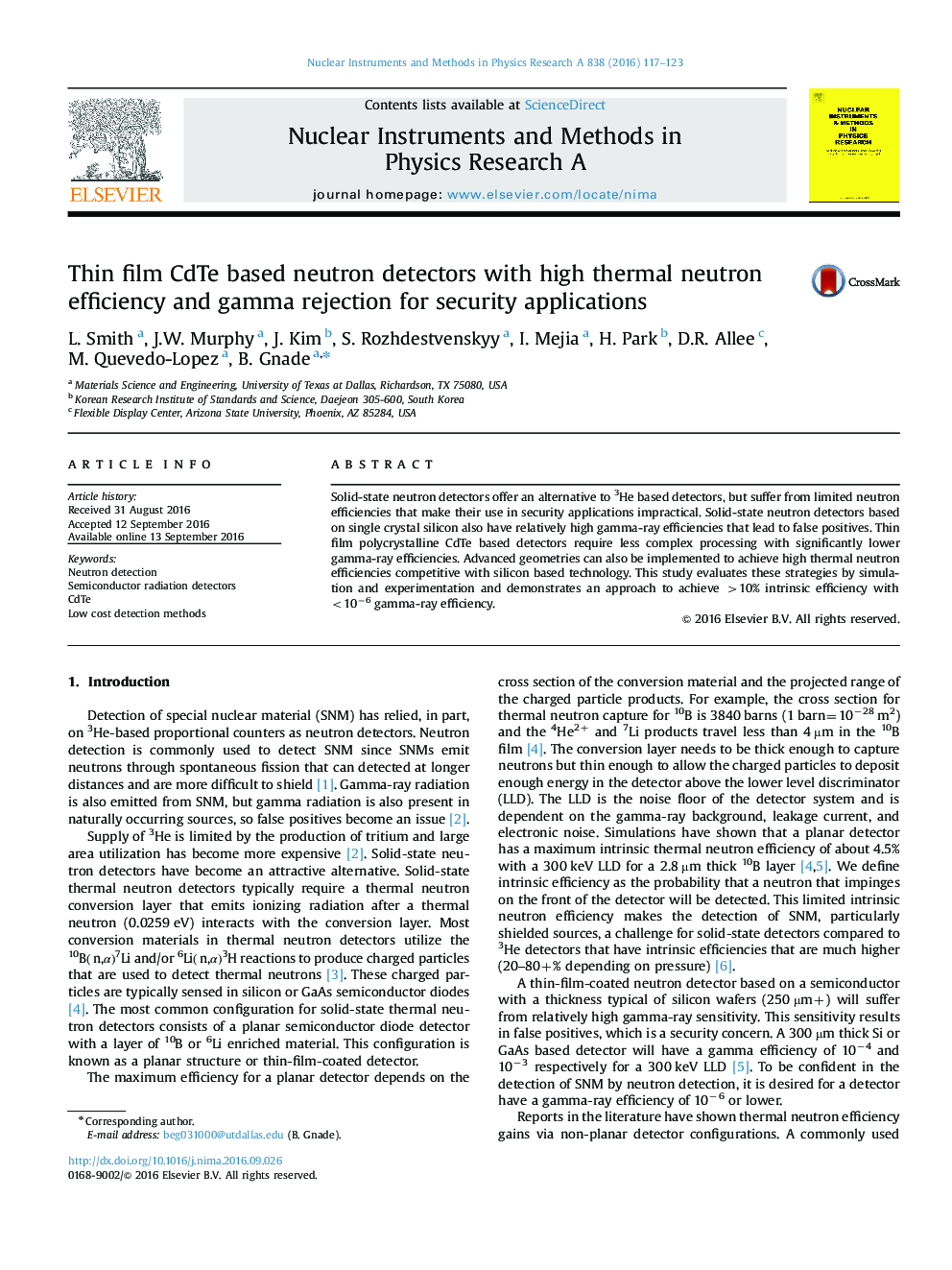 Thin film CdTe based neutron detectors with high thermal neutron efficiency and gamma rejection for security applications