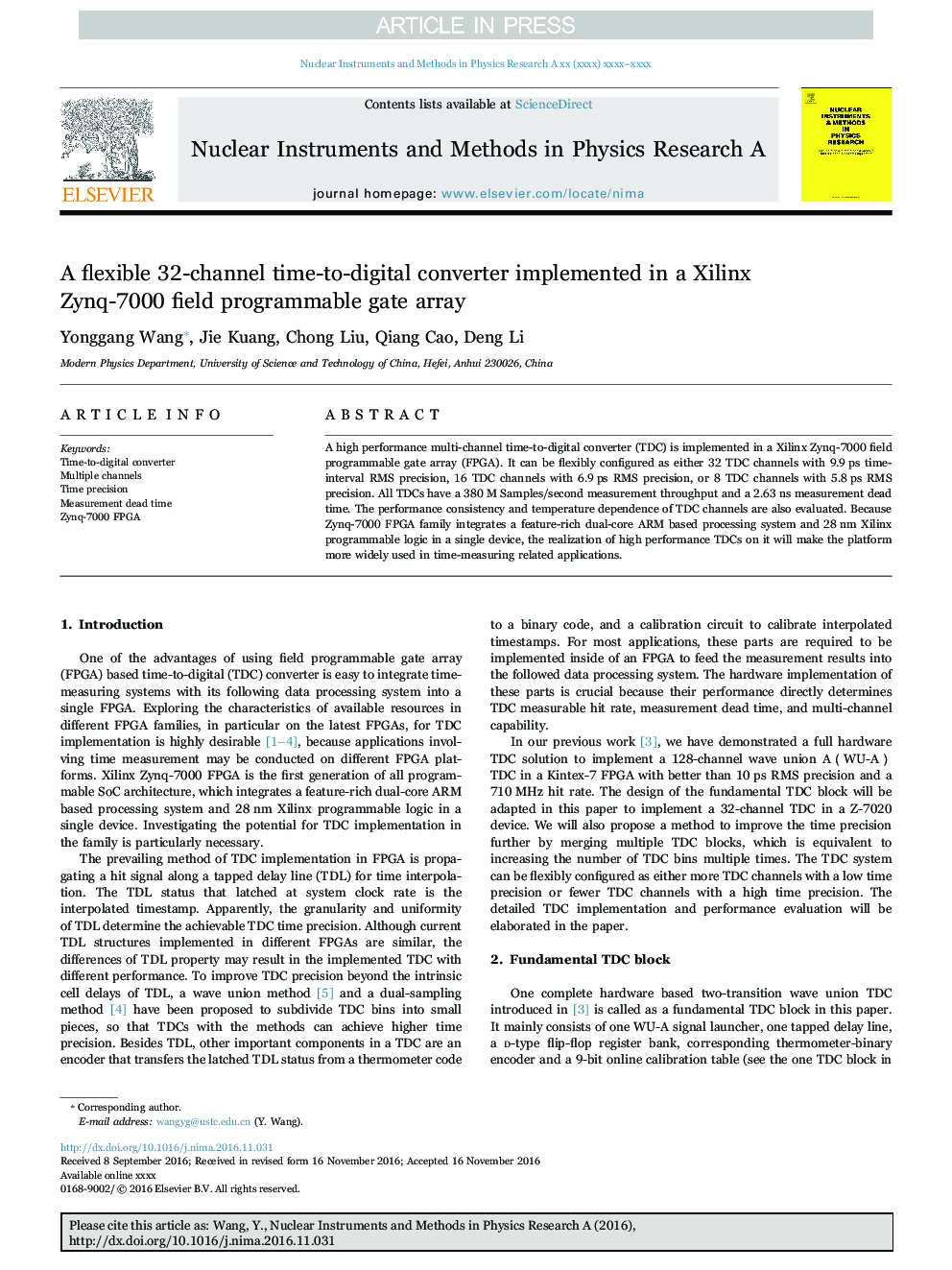 A flexible 32-channel time-to-digital converter implemented in a Xilinx Zynq-7000 field programmable gate array