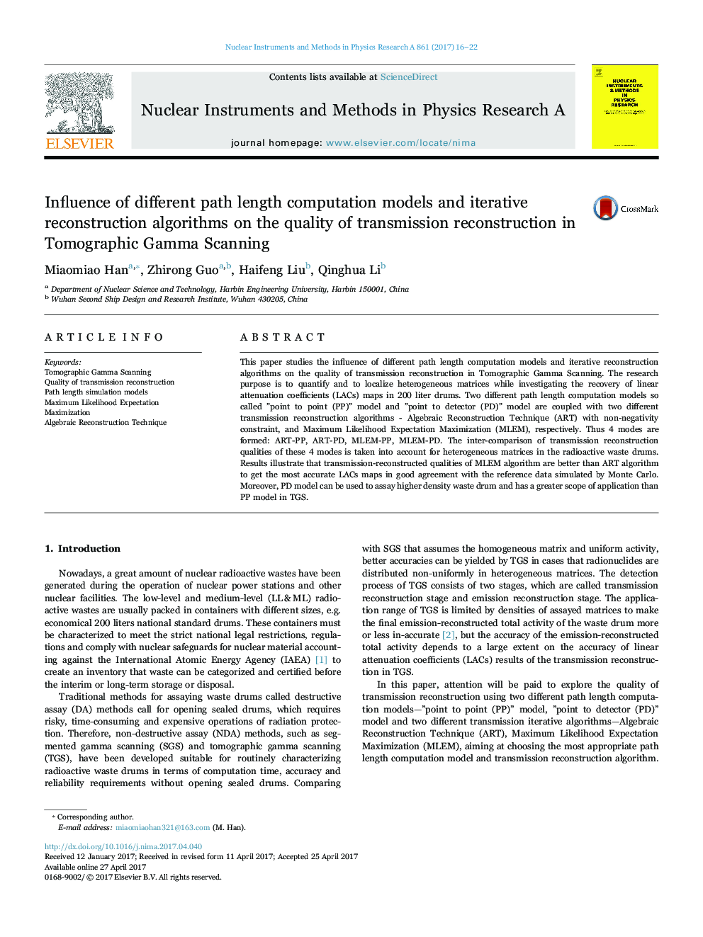 Influence of different path length computation models and iterative reconstruction algorithms on the quality of transmission reconstruction in Tomographic Gamma Scanning