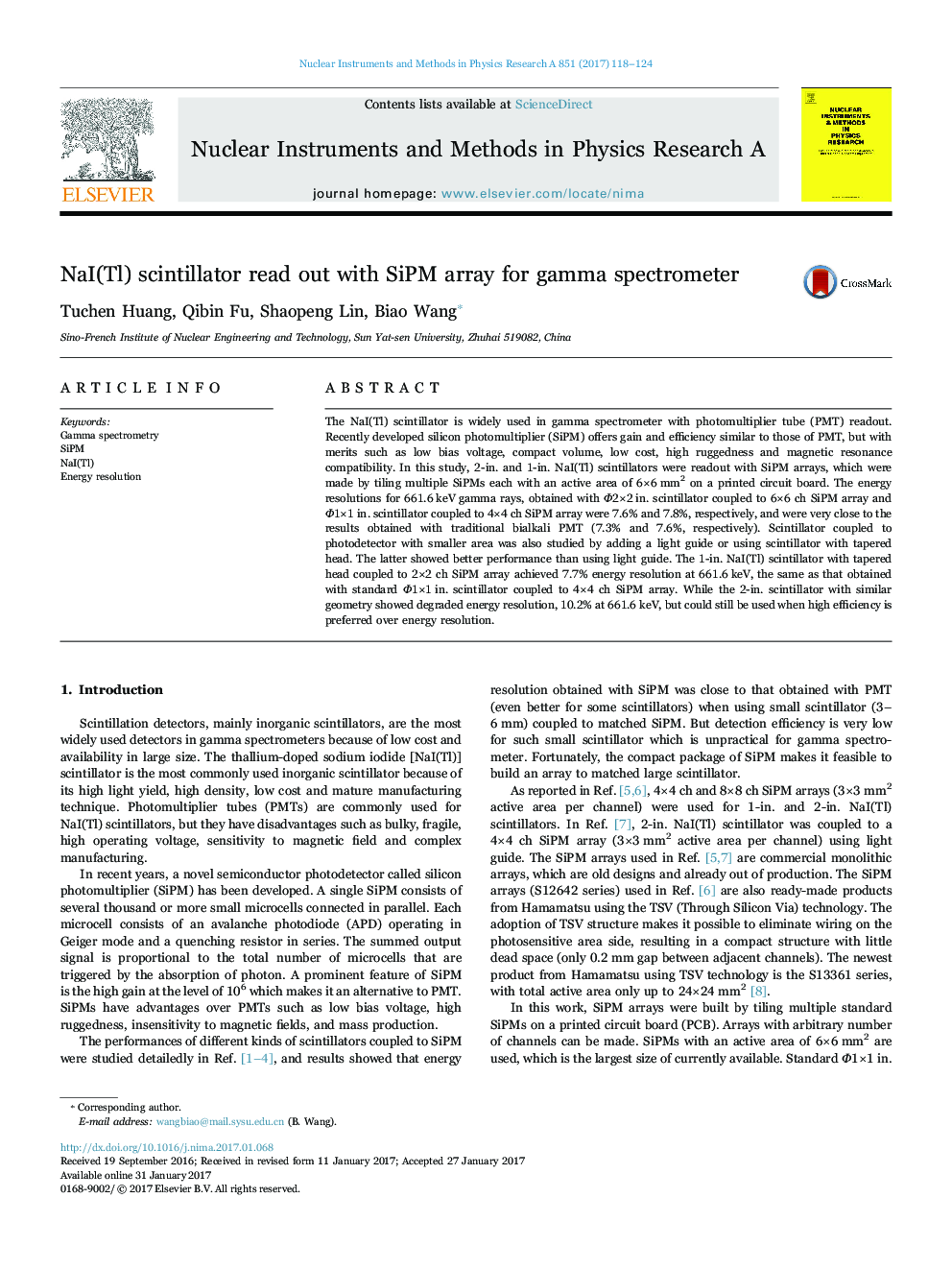 NaI(Tl) scintillator read out with SiPM array for gamma spectrometer