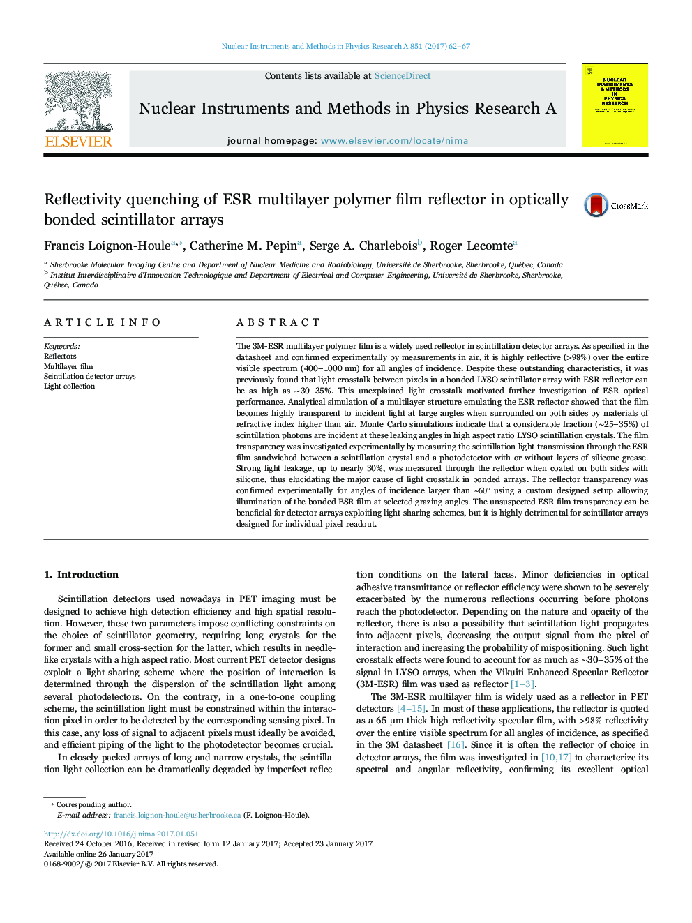 Reflectivity quenching of ESR multilayer polymer film reflector in optically bonded scintillator arrays