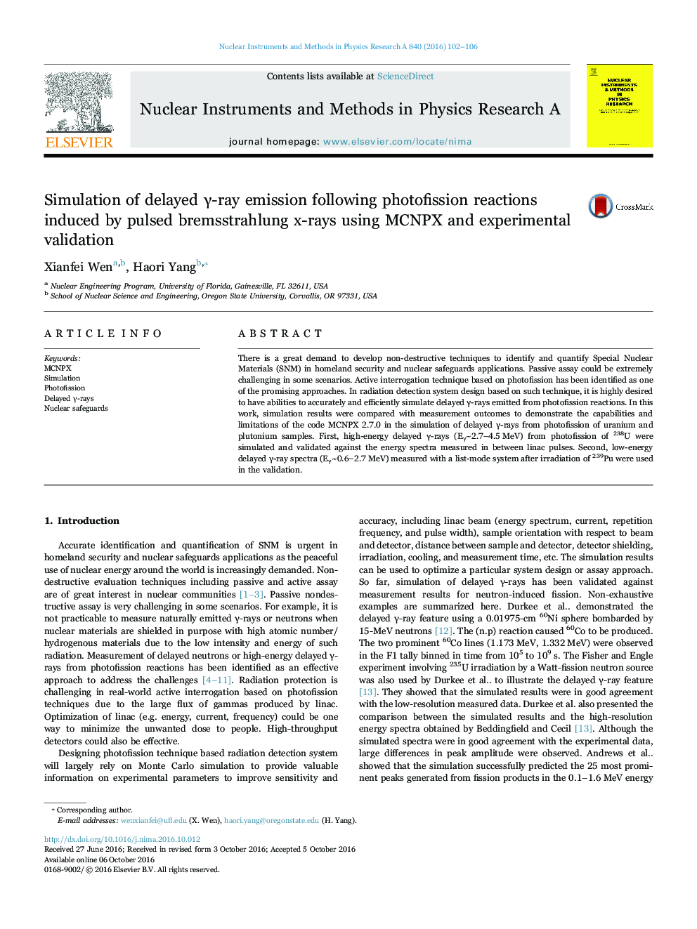 Simulation of delayed Î³-ray emission following photofission reactions induced by pulsed bremsstrahlung x-rays using MCNPX and experimental validation