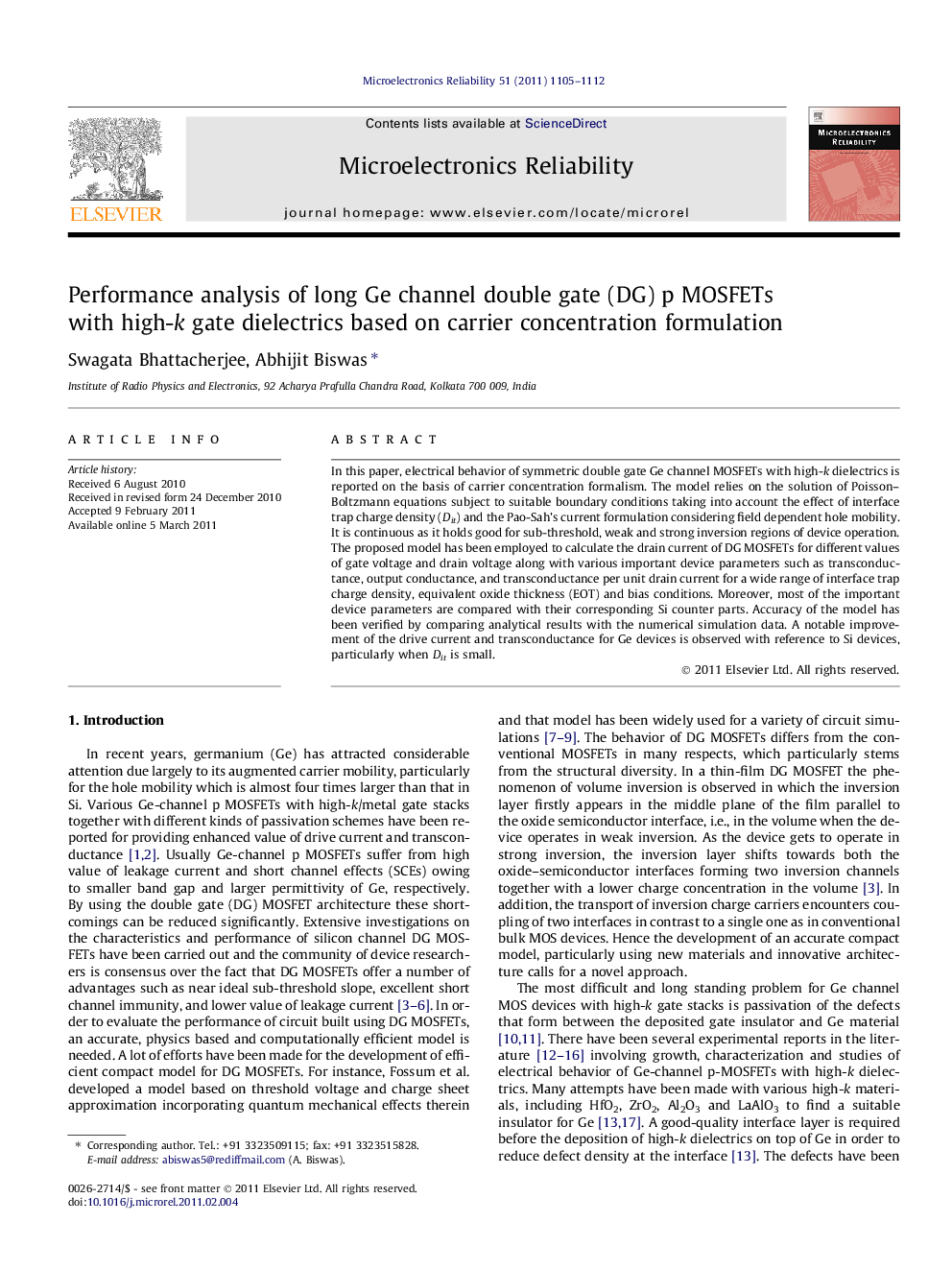 Performance analysis of long Ge channel double gate (DG) p MOSFETs with high-k gate dielectrics based on carrier concentration formulation