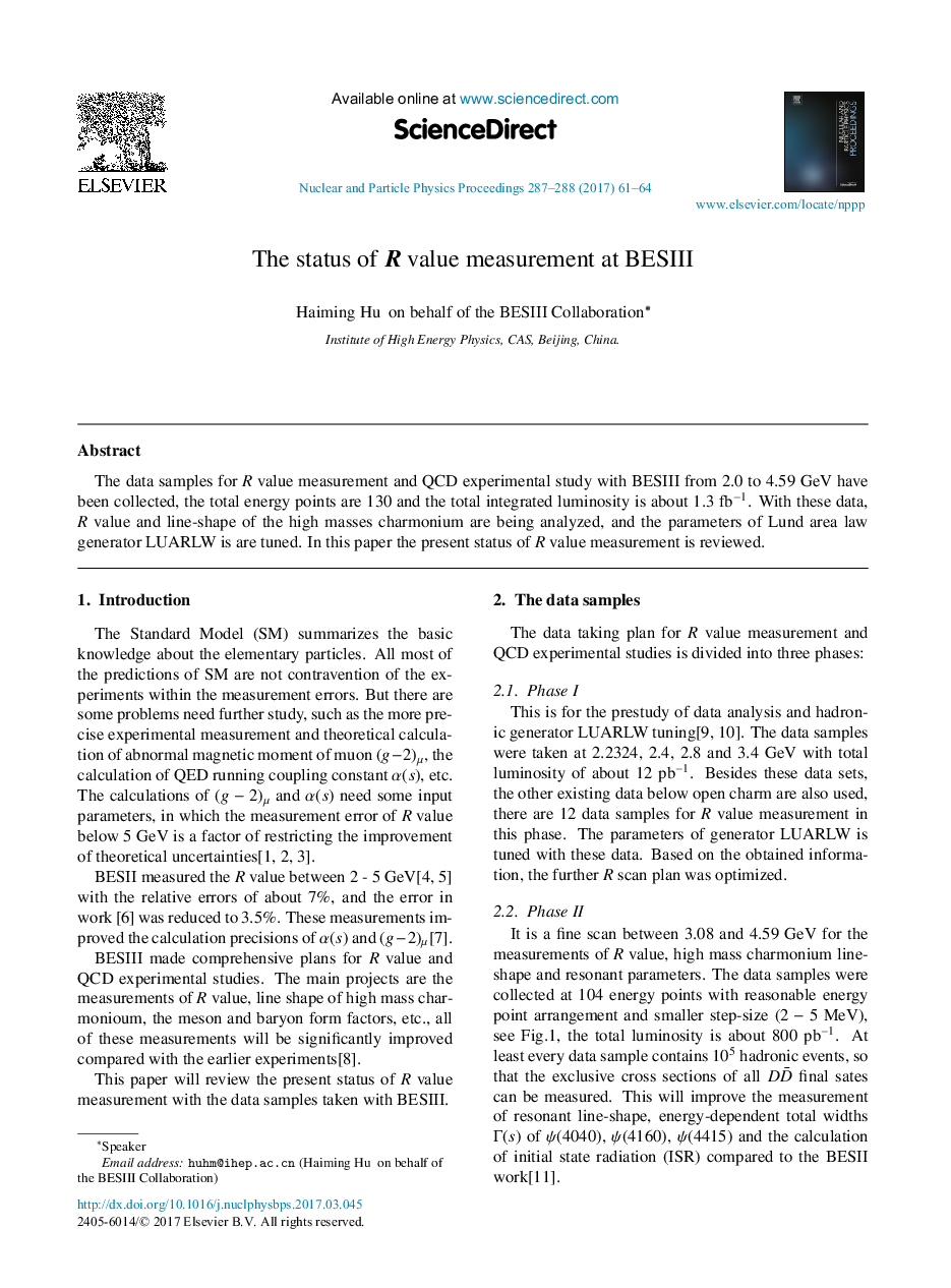 عکس صفحه اول مقاله: The status of R value measurement at BESIII The status of R value measurement at BESIII
