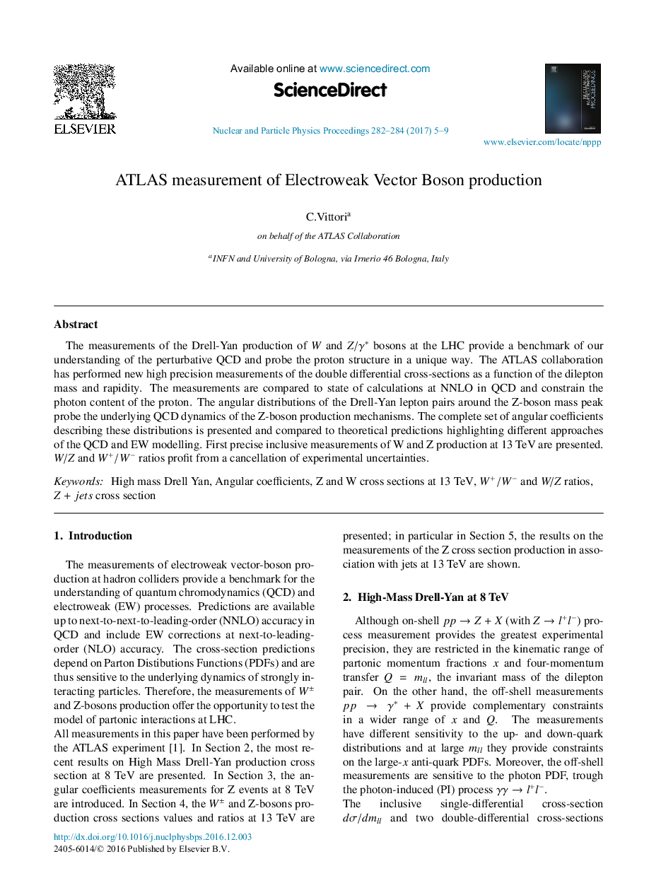 ATLAS measurement of Electroweak Vector Boson production