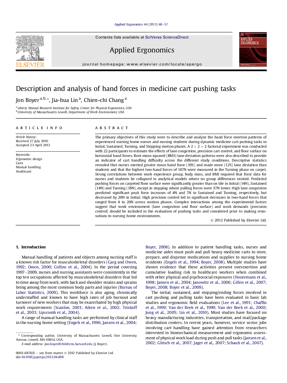 Description and analysis of hand forces in medicine cart pushing tasks