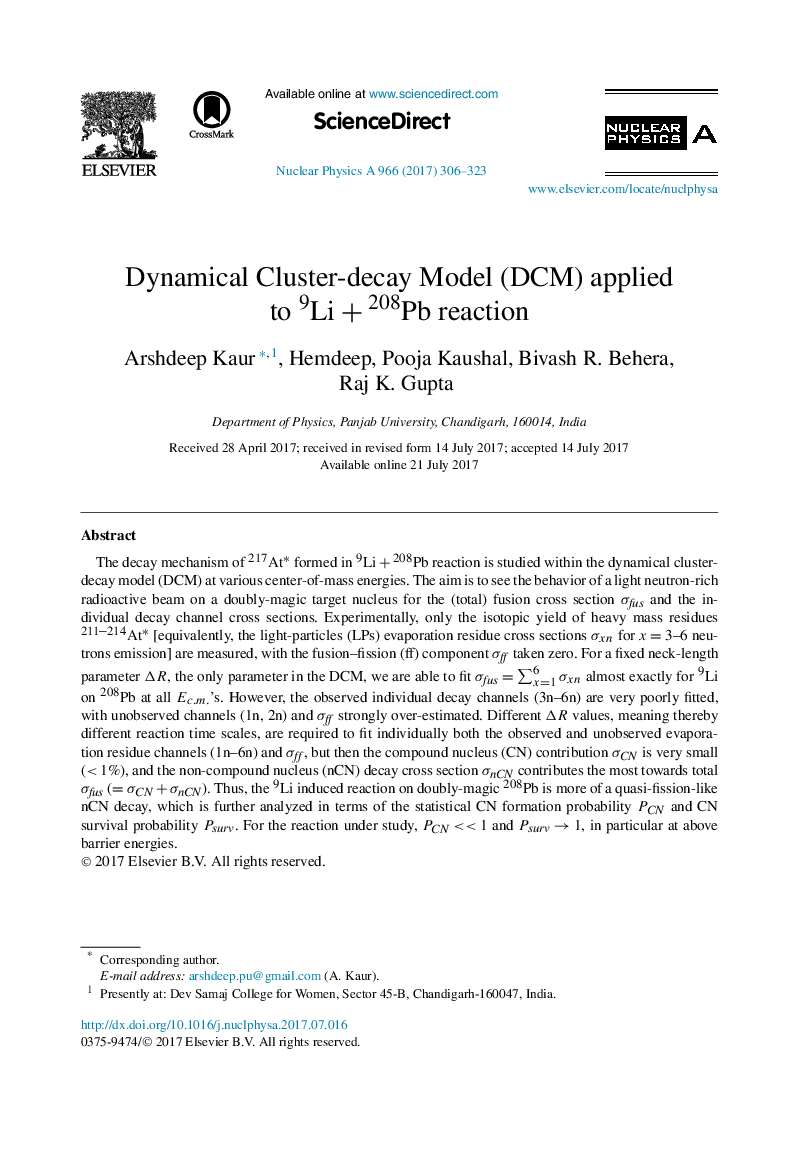 Dynamical Cluster-decay Model (DCM) applied to 9Li+208Pb reaction