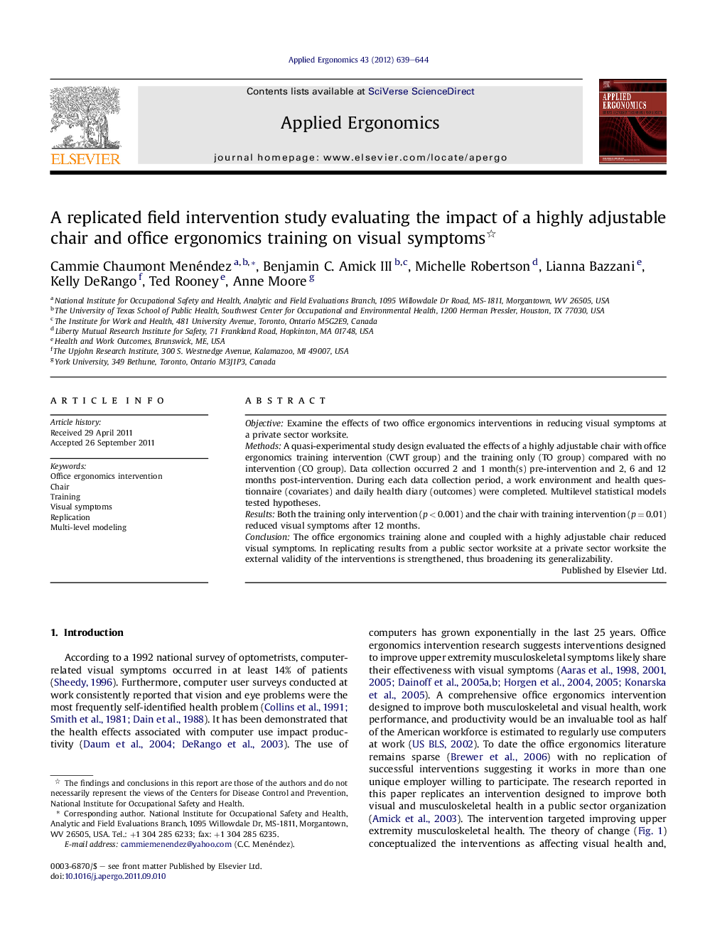 A replicated field intervention study evaluating the impact of a highly adjustable chair and office ergonomics training on visual symptoms 