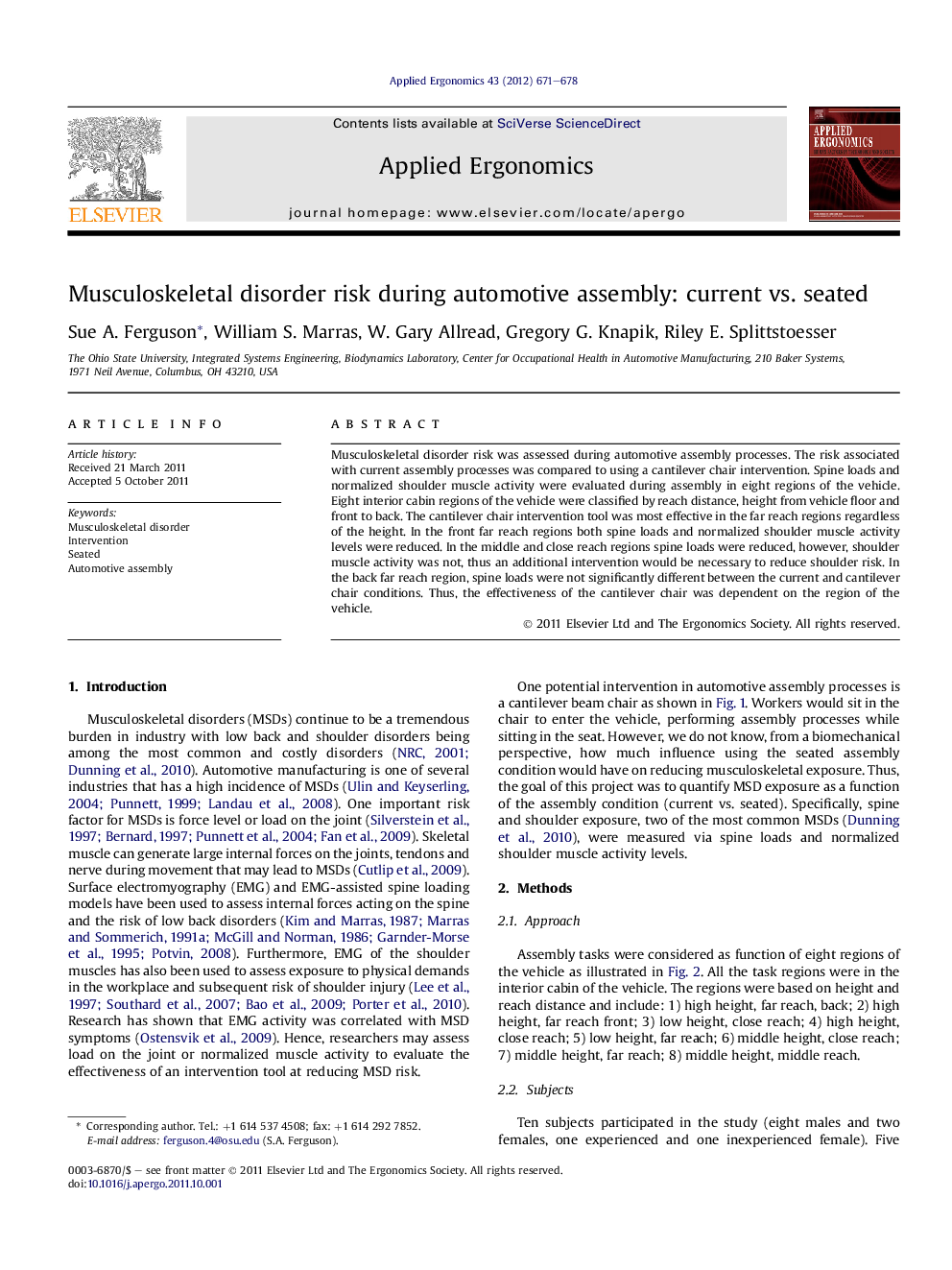 Musculoskeletal disorder risk during automotive assembly: current vs. seated