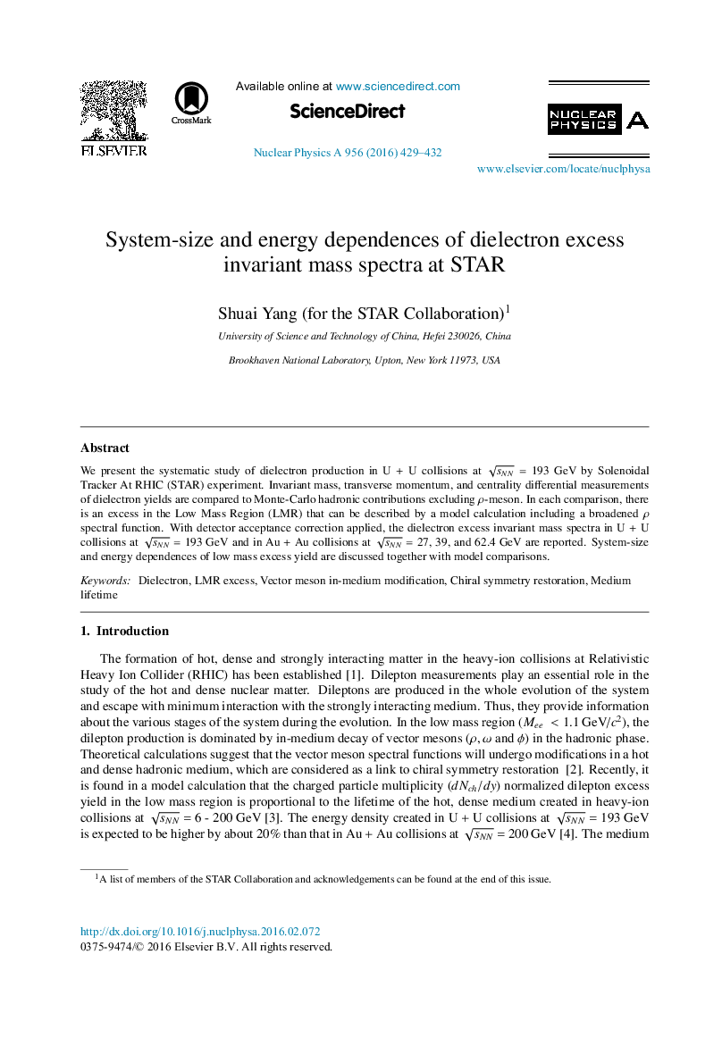 عکس صفحه اول مقاله: System-size and energy dependences of dielectron excess invariant mass spectra at STAR System-size and energy dependences of dielectron excess invariant mass spectra at STAR
