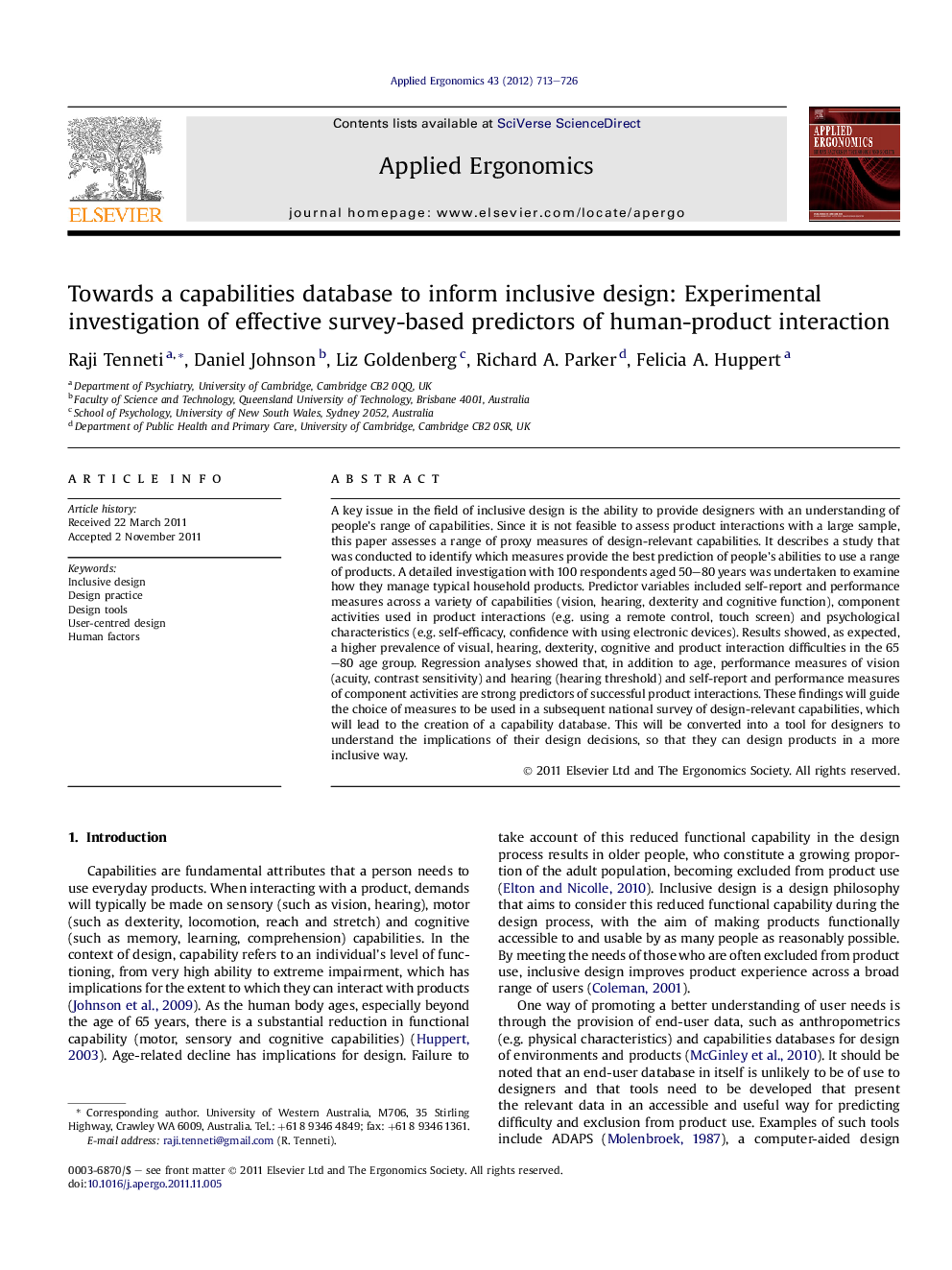 Towards a capabilities database to inform inclusive design: Experimental investigation of effective survey-based predictors of human-product interaction