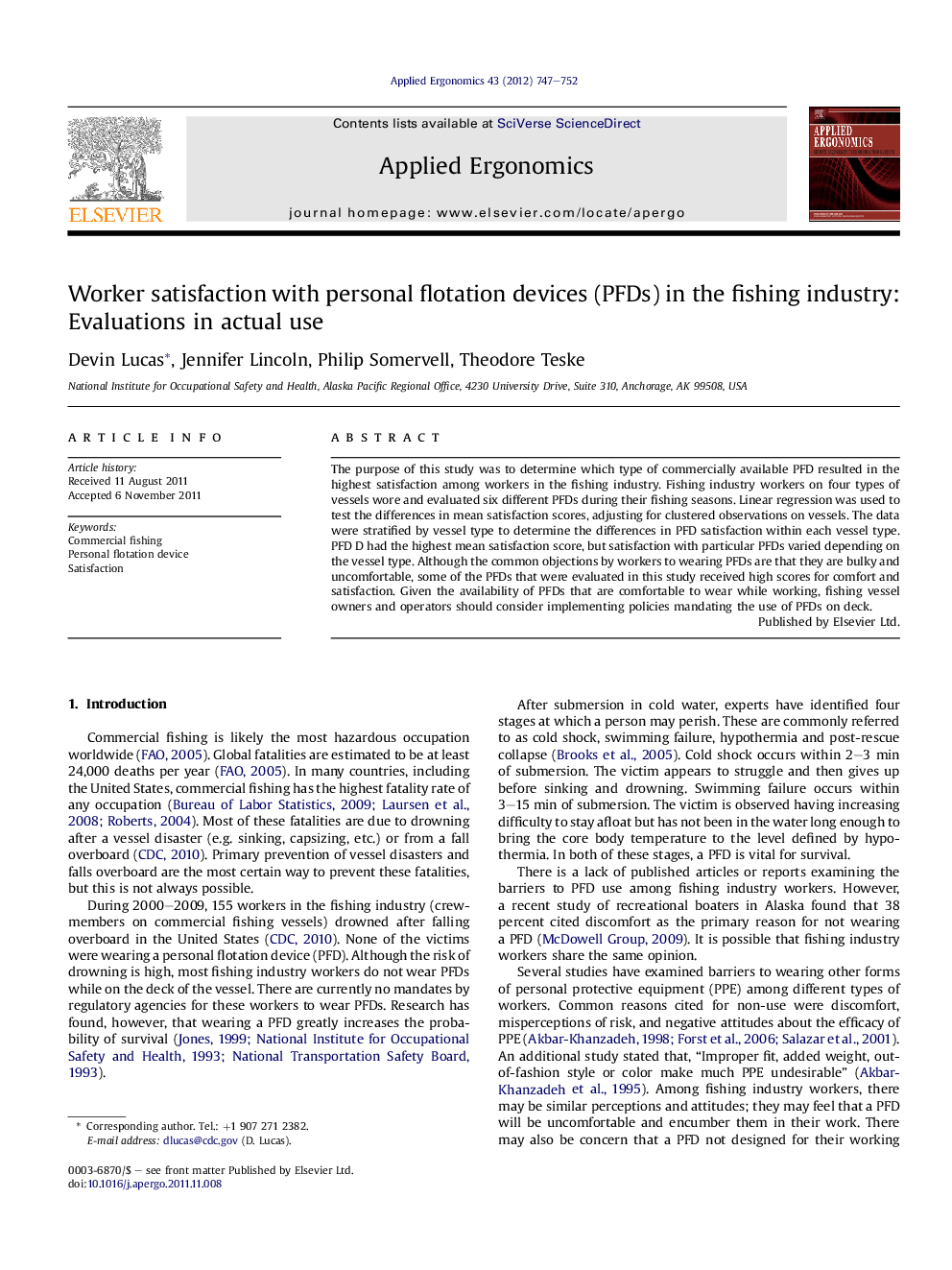 Worker satisfaction with personal flotation devices (PFDs) in the fishing industry: Evaluations in actual use