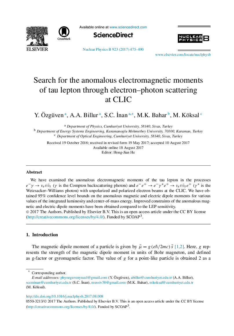 عکس صفحه اول مقاله: Search for the anomalous electromagnetic moments of tau lepton through electron-photon scattering at CLIC Search for the anomalous electromagnetic moments of tau lepton through electron-photon scattering at CLIC