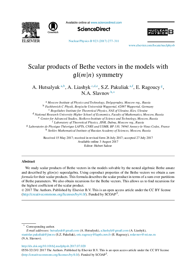 Scalar products of Bethe vectors in the models with gl(m|n) symmetry