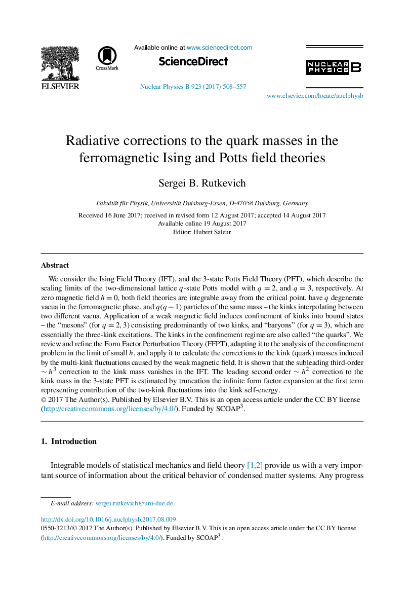 عکس صفحه اول مقاله: Radiative corrections to the quark masses in the ferromagnetic Ising and Potts field theories Radiative corrections to the quark masses in the ferromagnetic Ising and Potts field theories