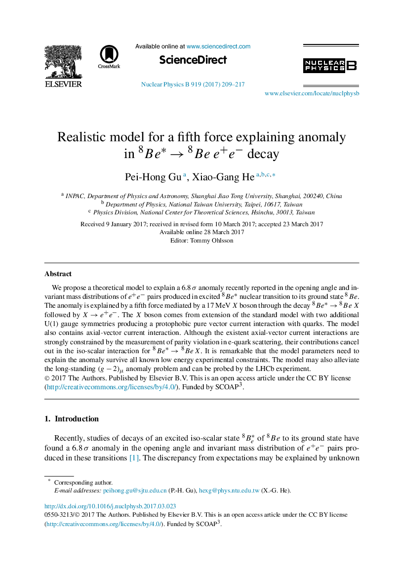 Realistic model for a fifth force explaining anomaly in Beâ8âBe8e+eâ decay