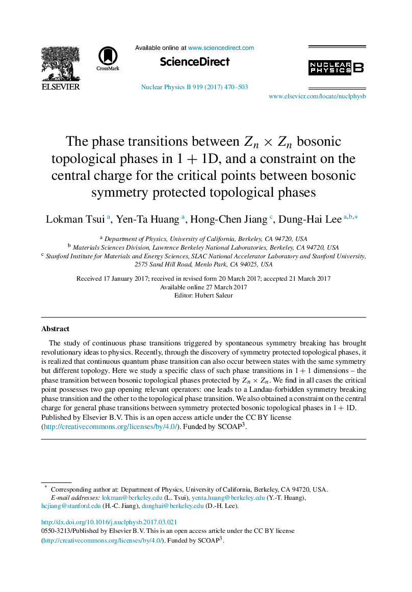عکس صفحه اول مقاله: The phase transitions between Zn Ã Zn bosonic topological phases in 1 + 1D, and a constraint on the central charge for the critical points between bosonic symmetry protected topological phases The phase transitions between Zn Ã Zn bosonic topological phases in 1 + 1D, and a constraint on the central charge for the critical points between bosonic symmetry protected topological phases
