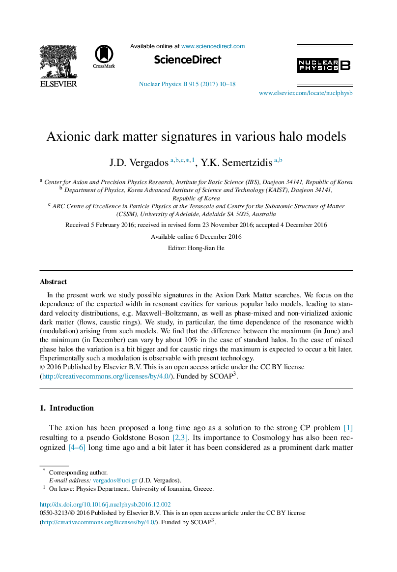 عکس صفحه اول مقاله: Axionic dark matter signatures in various halo models Axionic dark matter signatures in various halo models