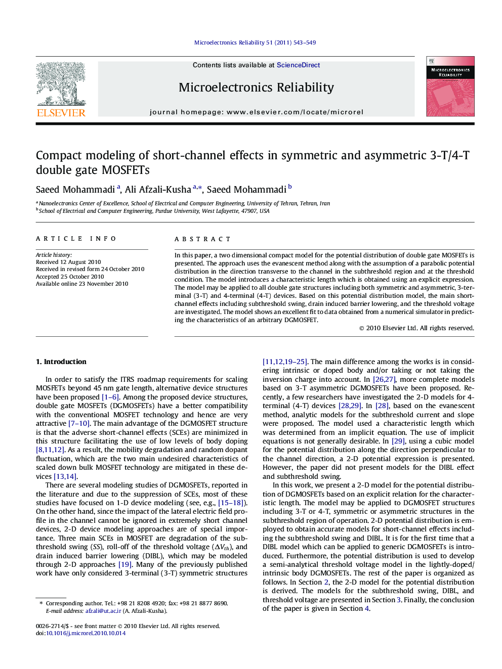 Compact modeling of short-channel effects in symmetric and asymmetric 3-T/4-T double gate MOSFETs