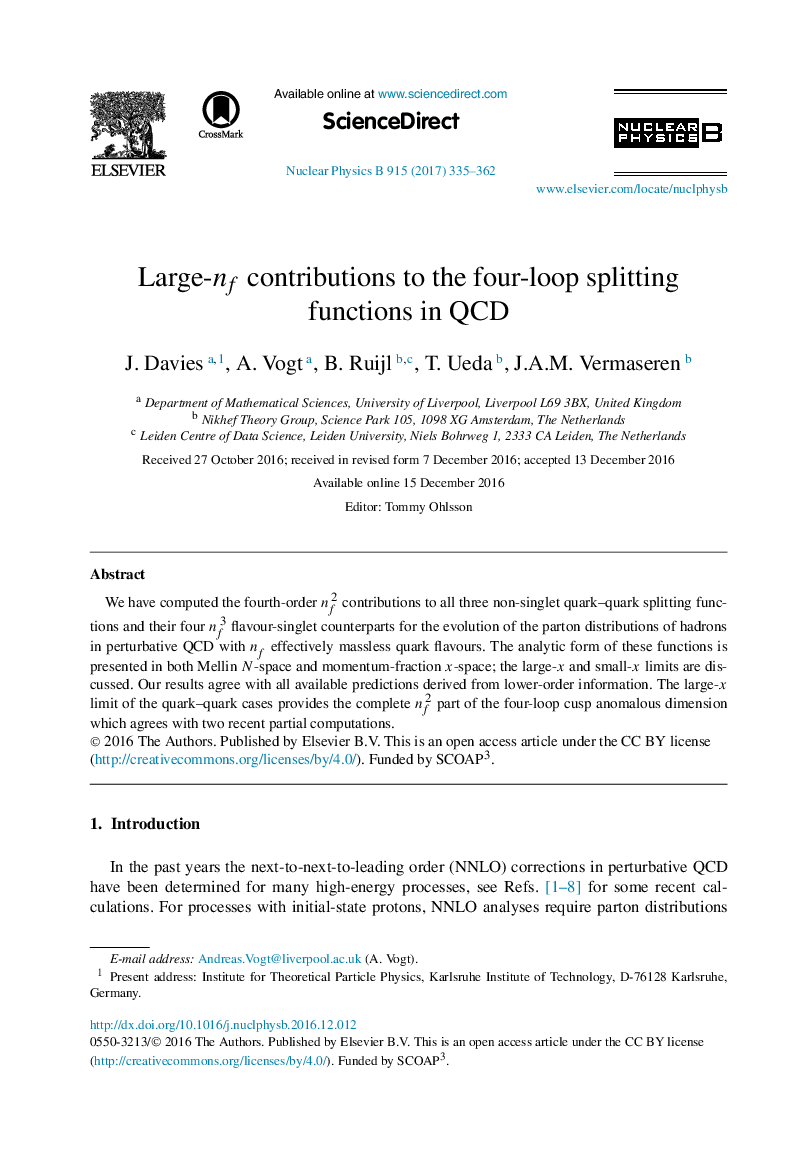 عکس صفحه اول مقاله: Large-nf contributions to the four-loop splitting functions in QCD Large-nf contributions to the four-loop splitting functions in QCD