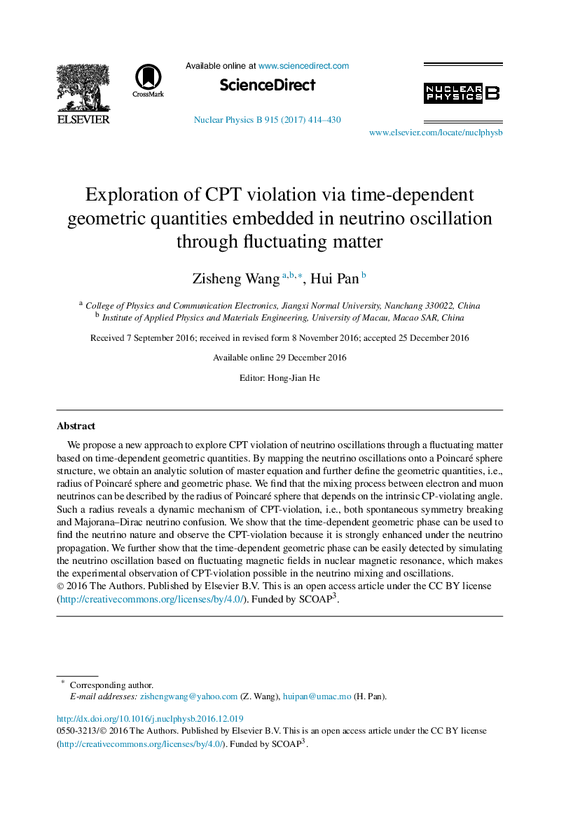 عکس صفحه اول مقاله: Exploration of CPT violation via time-dependent geometric quantities embedded in neutrino oscillation through fluctuating matter Exploration of CPT violation via time-dependent geometric quantities embedded in neutrino oscillation through fluctuating matter