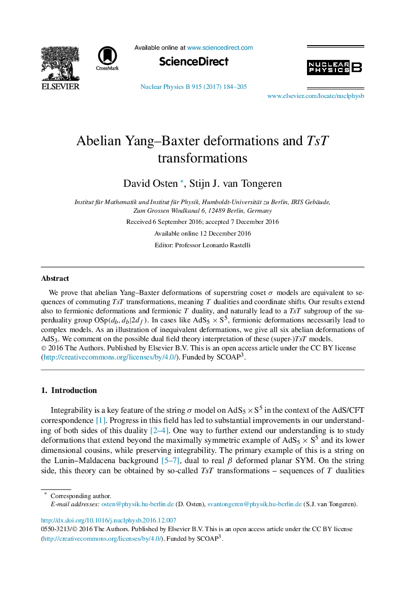 عکس صفحه اول مقاله: Abelian Yang-Baxter deformations and TsT transformations Abelian Yang-Baxter deformations and TsT transformations