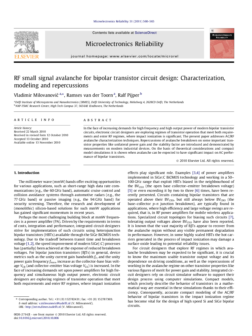 عکس صفحه اول مقاله: RF small signal avalanche for bipolar transistor circuit design: Characterization, modeling and repercussions RF small signal avalanche for bipolar transistor circuit design: Characterization, modeling and repercussions